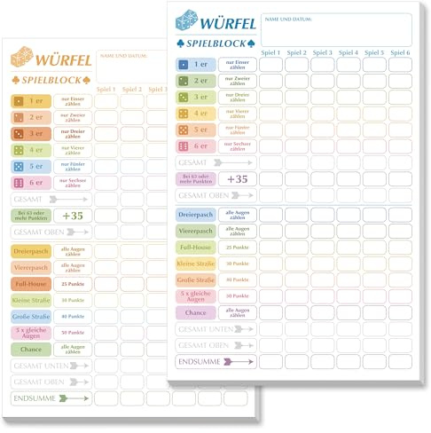 BIROYAL Würfelblock A5, 2er Set Ersatzblöcke für 600 Spiele, Farben | Je Block 50 Seiten, 120g/m² Papier, Würfelspiel Block mit Großer Schrift & Farbcodierung, für Senioren, Familien, Reisen