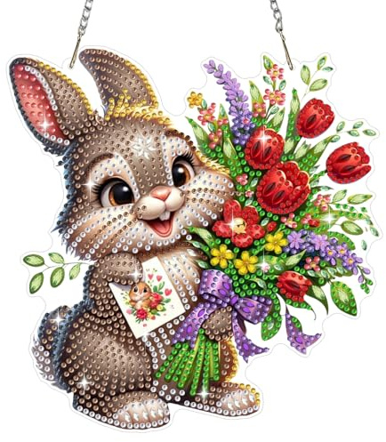Bowetile Diamond Painting Anhänger Blumen, Osterhase Diamant Painting Fensterbilder Valentinstag Erwachsene, Kinder Hängende Ornament Kreatives Basteln Fenster Garten, Decor Geschenk