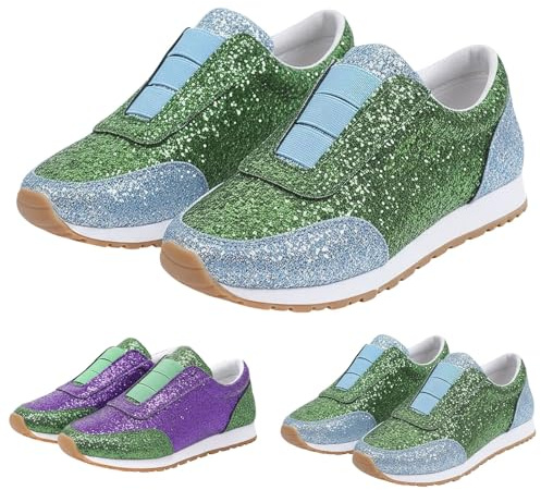 Damer glitter sneakers mode paljett tennisskor bröllop och fester glitterskor festskor utomhus fitness löpning slip-on joggingskor med snörning sportskor löparskor, Grön, 36 EU
