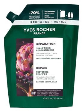 Yves Rocher Reparierendes - Shampoo Nachfüllung - 600 ml | Kräftigendes Shampoo für geschädigtes Haar - Cynara & pflanzliches Keratin - Große Nachfüllpackung