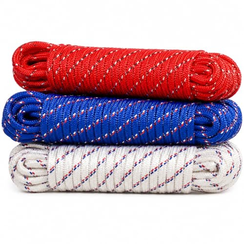 Pack 3 Cuerdas Multiusos de Polietileno 8mm x 20m - Cuerda Trenzada Doméstica Flotante en 3 Colores | Ideal para Tendedero Atado Embalaje Jardín Camping Náutica Ligera | Exterior Interior