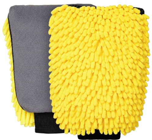 WD&CD Waschhandschuh Auto Autopflege Waschhandschuh für KFZ Microfaser-Handschuh 2 Stück, Putzhandschuh für die Autopflege, Autowäsche und Fensterreinigung, Gelb*2