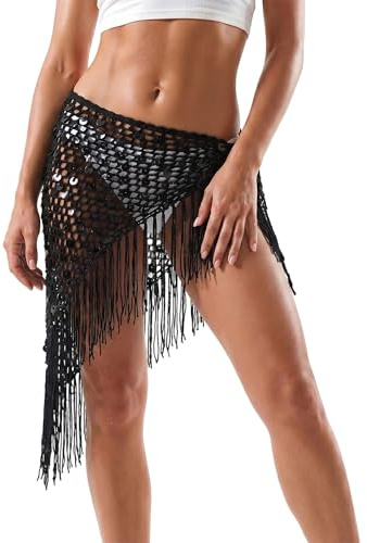 Women Sequin Crochet Hip Scarf Asymmetrical Knit Cutout Fringe Wrap Sarong Sparkly Sequin Bikini Cover Up Skirt for Beach (Black B, One Size)