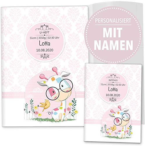 OLGS U-Heft- und Impfpasshülle 3-teilig Set | Rosa Little Lady | Untersuchungsheft & Impfpasshülle personalisierbar (U-Heft Set 3-teilig personalisiert, Giraffe)