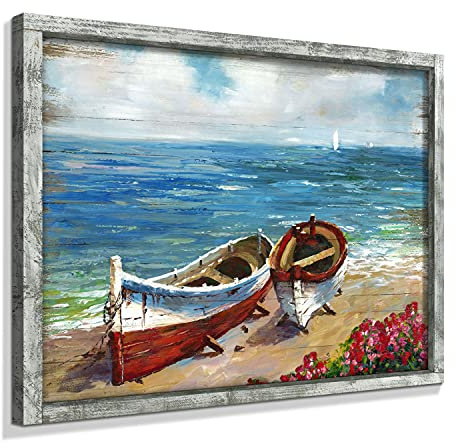 Coastal Painting Abstract Artwork Framed: Wooden Ocean Wall Art Sail Boat Pictures Prints Colorful Seascape Wall Decor for Living Room 40x30