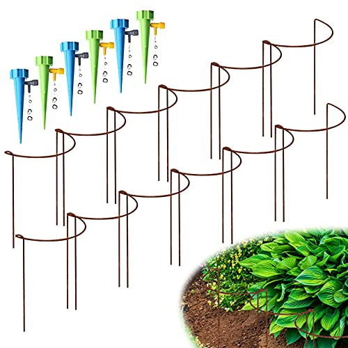KAZITOO 12 Pack Rusty Bow Plant Supports(Raw Steel Designed to Rust 25x40cm), Half Round Natural Rust Flower Support with 6 Self Watering Spikes, Interlinking Garden Border for Peonies Hydrangea