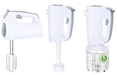 Emerio Handmixer-Set mit revolutionärem 1-Finger-Speed-Control, Quirl Mixer Zerkleinerer, 3in1, kinderleichte Handhabung, kraftvolle 300 Watt, BPA frei, Soft Griff, leicht zu reini Grau