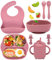 Jissta Vajilla para bebés de silicona, 8 Juegos sin funda antideslizante BPA para niños para aprender, tazón de platos, cuchara de babero, tenedor, taza de agua potable para bebés (Rosa)