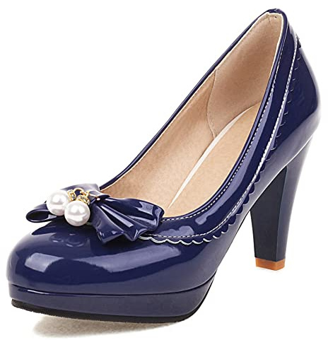 Décolleté con Tacco a Cono da Donna, Pompe al Tallone Alto Punta Rotonda Senza Chiusura Scarpe da Festa con Plateau Beaded Eleganti, Numero 32-50