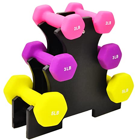 Signature Fitness Set mit 6 Neopren-Hanteln, rutschfest, rollsicher, sechseckige Form, bunt, 2/3/2,3 kg Paare, 9 kg mit Gestell