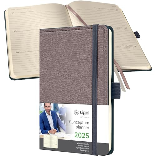 SIGEL C2552 Wochenplaner Wochenkalender 2025, Lederoptik, ca. A6, taupe, Hardcover, 176 Seiten, Gummiband, Stiftschlaufe, Archivtasche, aus nachhaltigem Papier, Conceptum