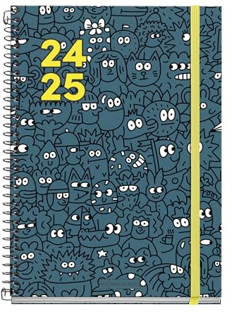 Miquelrius - Skolkalender 2024–2025, september 2024–juni 2025, storlek 155 x 215 mm, dag sida, fodrad kartongomslag, svart, spansk och engelsk, klotter