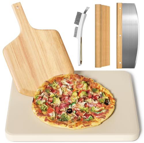 5 PCS Rectangle Pizza Stone Set, 16Large Pizza Stone for Oven and Grill with Pizza Peel(OAK), Stone Brush,Pizza Cutter & 10pcs Cooking Paper for Free, Baking Stone for Pizza, Bread,BBQ
