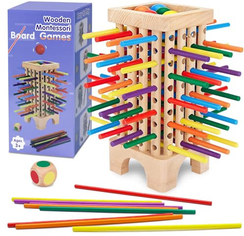 PQETBV Montessori Spiel Brettspiel aus Holz, 42 Stück Bunte Holzstäbchen Lernspielzeug, Familienspiel Bunte Holzstäbchen Würfelspiel, Kinderspiele Reisespiel ab 3 4 5 6 Jahren