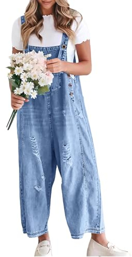 chouyatou Women Loose Adjustable Strap Denim Bib Overall Jeans Distressed Wide Leg Baggy Overalls Jumpsuit (XX-Large, Light Blue)