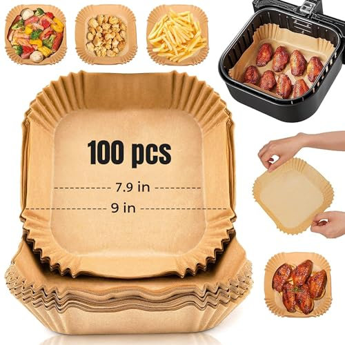 Roe Tenpo Air Fryer Liners, 100Pcs Disposable Baking Parchment Paper, Non-Stick & Greaseproof, Air Fryer Accessories for Ninja AF180UK AG301UK, COSORI, Tefal Easy Fry, Russell Hobbs Air Fryer