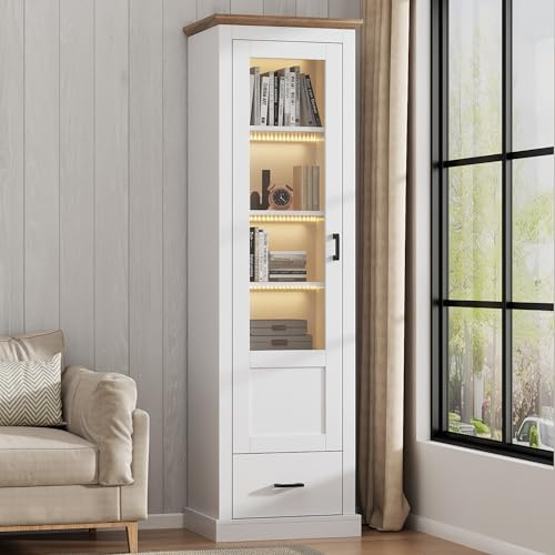 MSMOK Vitrina moderna de color blanco mate, 178 cm, con puerto USB, 5 compartimentos, mando a distancia en 16 colores, vitrina con decoración de madera, armario alto con cajón