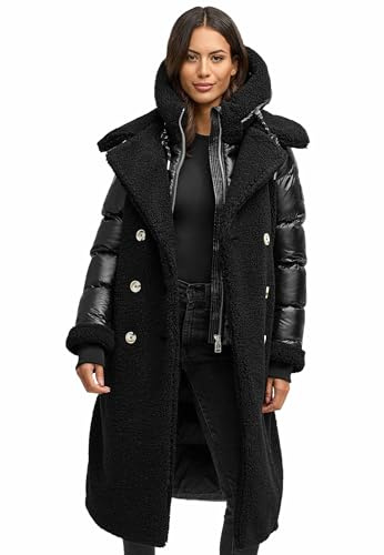 Navahoo Damvinterkappa (XS-XXL) – huva, quiltad innerdel, teddyrock med bälte – N119, svart, M