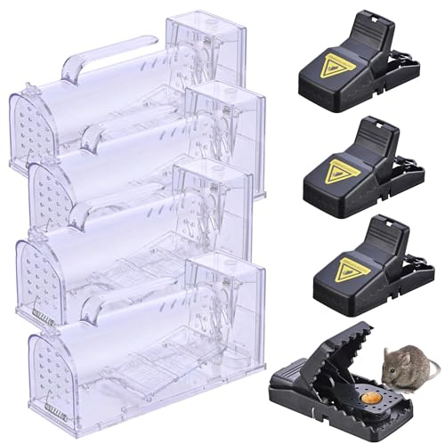 4 Piezas Trampa Ratones Vivos + 4 Cepos para Ratas Trampas Ratas Ratoneras Atrapar Rata Mouse Trap Ratoeira Ratos Rat Raton Atrapa Viva Humanas Mousetrap Live Jaula Captura Reutilizable sin Contacto