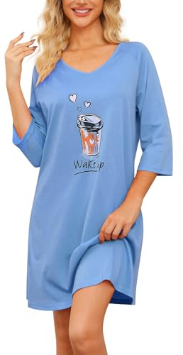 MIA LUCCE Camisón para mujer de manga larga, manga 3/4, camisones, ropa de noche, manga corta, algodón, camisón para dormir, vestido de casa, camisón para mujer, suave y ligero, ropa de descanso