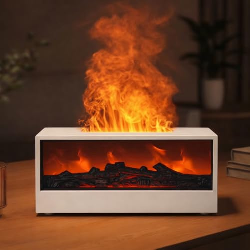 Fireplace Essential Oil Diffuser, White, 150ml Ultrasonic Cool Mist Humidifier Aromatherapy Diffuser with 7 Colors Flame Effect, Remote Control, Waterless Auto-Off and Timer