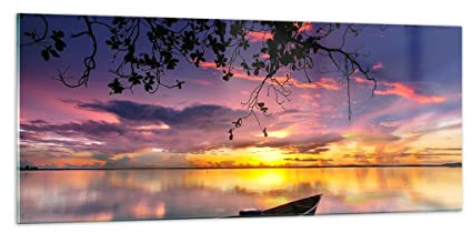 Vidrios decorativos 100x40cm Cuadro Sobre Vidrio Moderno Barco puesta de sol lago cielo Grande Cocina Cuadros Pared Impresiones Decoracion Salon Impresión en Cristal Wall Art Prints GAB100x40-2967