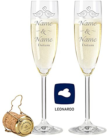 Leonardo Sektgläser mit Gravur von Namen & Datum im - Kissing Birds - als Geschenk zur Hochzeit, Verlobung oder zum Jahrestag - Personalisiert mit Wunschgravur - das perfekte Hochzeitsgeschenk