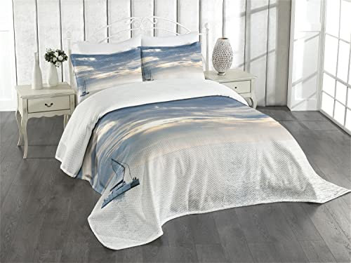 ABAKUHAUS Nautisch Tagesdecke Set, Segelyacht Sonnenuntergang, Set mit Kissenbezügen Waschbar, für Doppelbetten 264 x 220 cm,Weiß Blau
