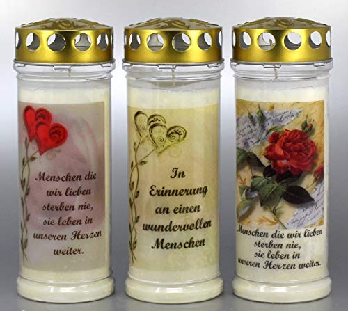 3 Stück Grablichter, Grabkerzen, 3er Set mit Spruch und Motiv, Größe 21x7,5 cm - Brenndauer ca. 7 Tage je Grablicht – 3856 – Elegante Gedenkkerzen, Trauerkerzen mit Spruch.