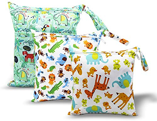 HOTLIKE Bolsa de Pañales, 3PCS Bebé Reutilizable Impermeabilizan Bolsa con Cremallera Impermeable para Mamá, Wetbag Portátil Organizador de Viaje, Playa, Gym (Verde)