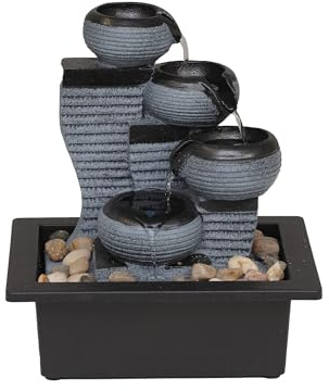 Zimmerbrunnen Brunnen aus Polyresin mit LED Beleuchtung Tischbrunnen mit Deko-Steingarten und Teich Wasserspiel Desktop Wasserfall mit Pumpe
