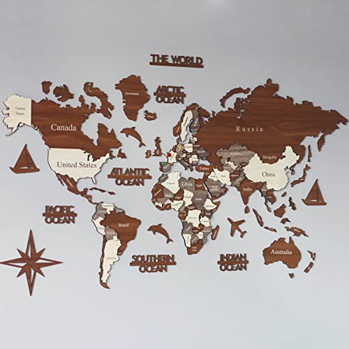 3D-Holz-Weltkarte, Holz-Wandkarte, Einweihungsgeschenk, Weltkarte, Wandkunst-Dekor, Holz-Reisekarte, Geburtstagsgeschenk (L Standard – 150 x 89 cm)