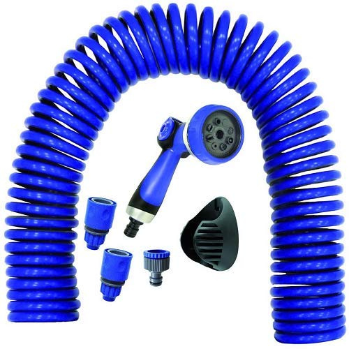 CABLEPELADO - Manguera Extensible de Jardín, Hasta 15m, 7 Modalidades de Riego, Pistola de Agua Incluida, Fabricada en Polipropileno, Azul