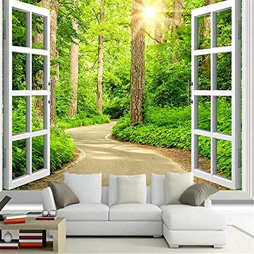 XLMING Papier Peint Photo 3D Papier Photo 3D Vert Soleil Forêt Route Fenêtre Nature Mur Paysage Salon Canapé Tv Fond Papier Peint 3D Chambre à coucher Salle de séjour Mural murale-250cm×170cm