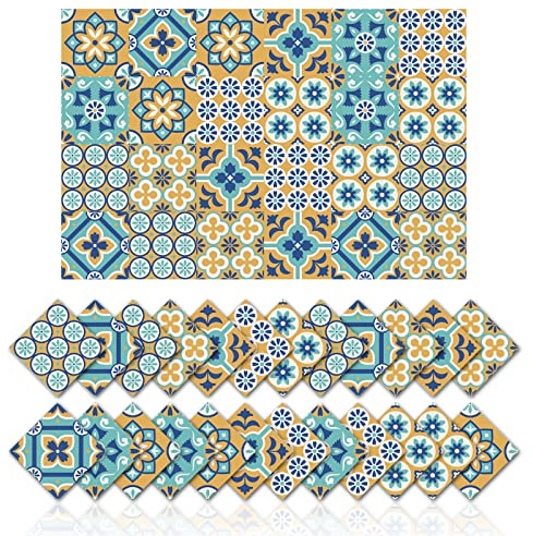 24 Uds Pegatinas de Azulejos Decoración de Pared Baño Cocina Pegatinas de Pared Pegatinas de Decoración de PVC Impermeables - Azulejo de pétalo azul amarillo Pegatina (10x10cm)