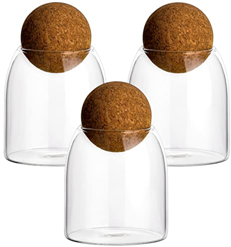 gouveo Lot de 3 bocaux de conservation ronds en verre borosilicate de 400 ml avec bouchon à billes - Bocaux de conservation en borosilicate avec bouchon en liège - Récipient en verre cuisine pour