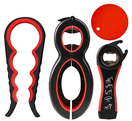 Spring.Rd 4-in-1 Jar Opener Set, 4 Packs Rubber Jar Opener for Weak Hands, Seniors with Arthritis, Black and Red, Plastic, Stainless Steel