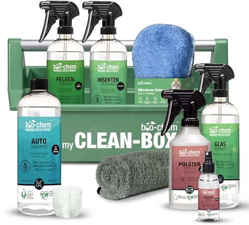 bio-chem CLEANTEC Autopflege Premium Set 9-teilig für das gesamte Auto im Innenraum und Außenbereich I Optimales Pflegeset für die Anwendung außen und innen I Mit Mikrofasertuch und Werkzeugbox