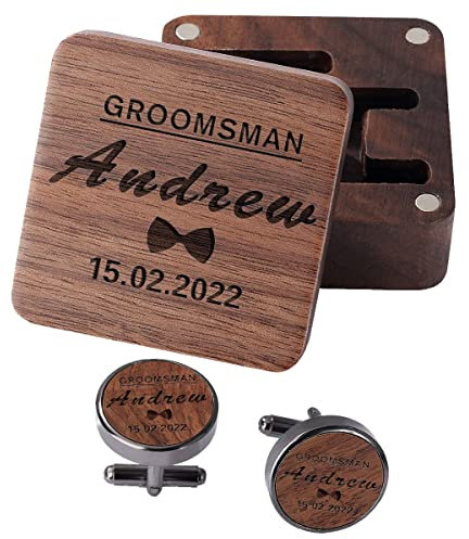 Manschettenknöpfe für Männer, Bräutigam, Trauzeugen, Holz, Hochzeitsgeschenke, für Vater, Ehemann, mit Box, graviertes Namensdatum oder einen beliebigen Text, Herren, Walnuss, Holz