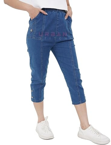 URBAN STITCH Womens Capri Trousers Ladies Three Quarter Soft 3/4 Cropped Jeans UK Ladies Stretch Pull on Trousers Elasticated Waist Plus Size Jeans Shorts. (16, Jeans Blue)