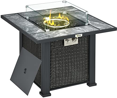 Outsunny Outdoor PE Rattan Gas Fire Pit Table 50,000 BTU Black