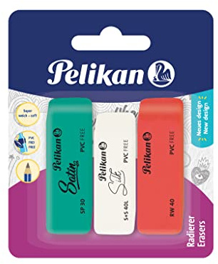 Pelikan Radierer RW40 aus Kunststoff, Suede, 3 Stück (rot, grün, weiß) auf Blister, 606233