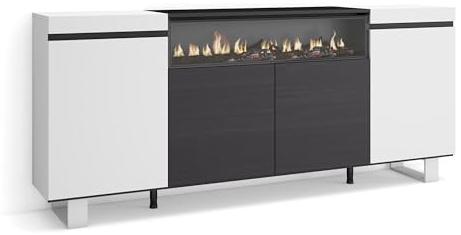 Skraut Home | Sideboard, Highboard | Kommode, Komodenschrank | 200x87x35cm | 4 Türen | Elektrokamin. Maße | Industriedesign | Moderner Stil | Weiß und Schwarz
