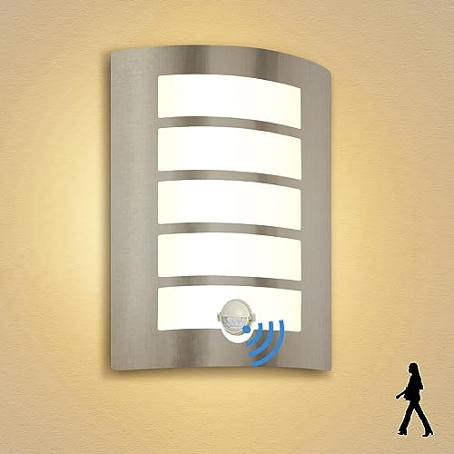 Wondlumi Außenlampe mit Bewegungsmelder E27 inkl.12W 3000K Edelstahl ABS | Aussenlampe Wand inkl. LED Warmweiß Glühbirne Wandlampe für Treppenbeleuchtung Hauswand Balkon