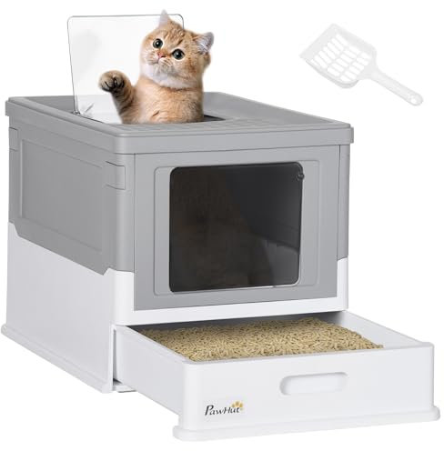 PawHut Arenero para Gatos, Caja de Arena para Gatos Plegable, con Entrada Frontal y Salida Superior, Pala Incluida, 47,5x35,5x36,7 cm, Gris y Blanco