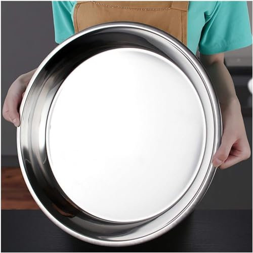 Bandeja para servir de metal Bandeja para platos redonda y plana gruesa de acero inoxidable Platos cargadores Bandeja para servir plateada Plato hondo de metal para pasteles Juegos de platos