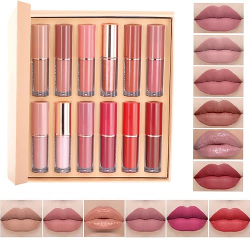 12 Farben Matt Ink Lippenstift Set, Nudetöne Rose Pink Wasserdichter Lipgloss Langanhaltender Lip Tint, Antihaft-Cup Flüssiger Lippenstift Set für Frauen Schönheit Lipgloss Geschenke