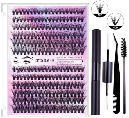 Falsche Wimpern Set von Lukezor, 240 falsche Wimpern in zwei Größen 30D + 40D in 12 Reihen mit Kleber, Wimpernentferner und Pinzette für dichte, geschwungene Wimpern. (Die Farbe Schwarz)