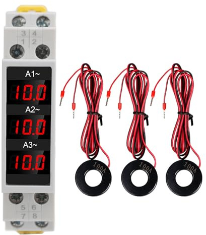 Amperímetro Trifásico, AC80‑500V 1‑100A Medidor De Corriente Digital LED Amperímetro Medidor De Amperaje De Riel DIN De Alta Precisión Con 3 Sensores