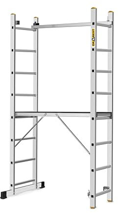 DRABEST PRO Scala 3in1 in Alluminio, Ponteggio, Scala Pieghevole Multiuso con Piattaforma e Gancio per Secchio, Regolabile in Altezza, 2x8 Gradini